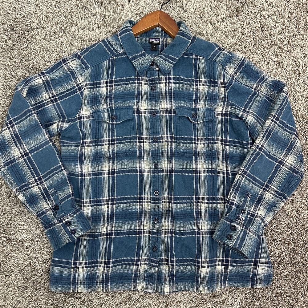 Patagonia Fjord Flannel Shirt Womens 14 Organic Cotton Burgundy Blue Plaid